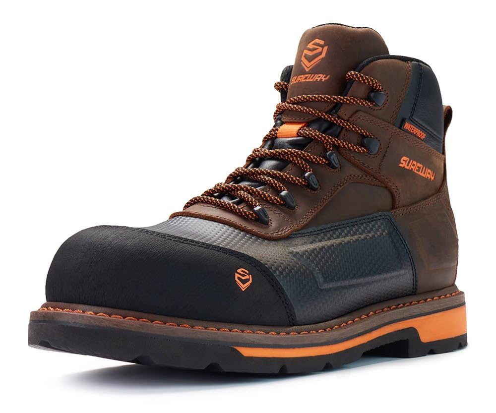 SUREWAY Soft/Composite Toe Heavy Duty Waterproof Work Boot Men’s 6" Goodyear Welt Oil/Slip Resistant Dual-Density Comfortable Outsole Leather Construction Industrial Safety Lace Up Work Boots - Brown