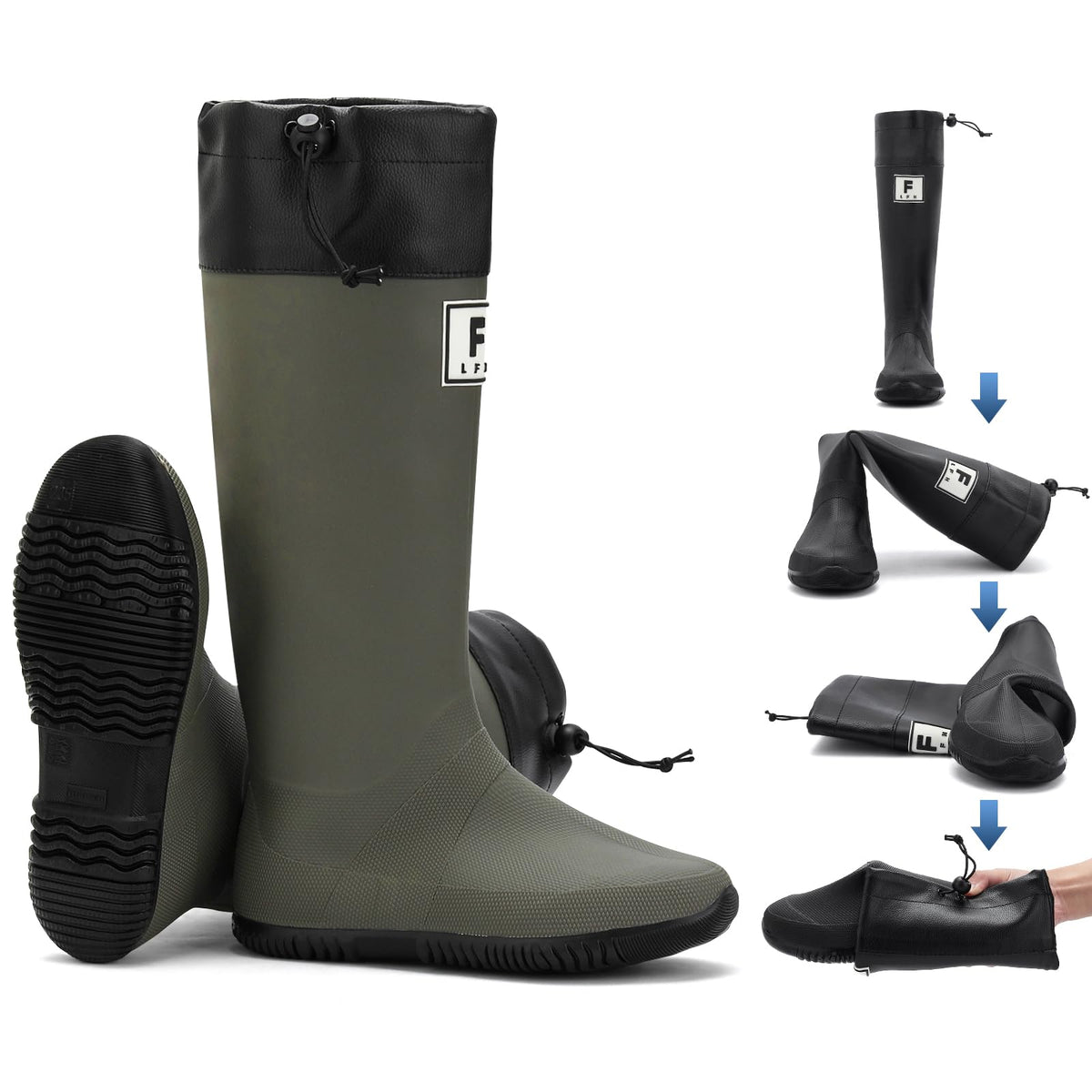 Lezzglt Rain Boots Men Waterproof Rubber Boots with Comfort Insole Foldable Fishing Boots Lightweight Garden Boots Durable Slip Work Boots Platform Mud Boots Outdoor